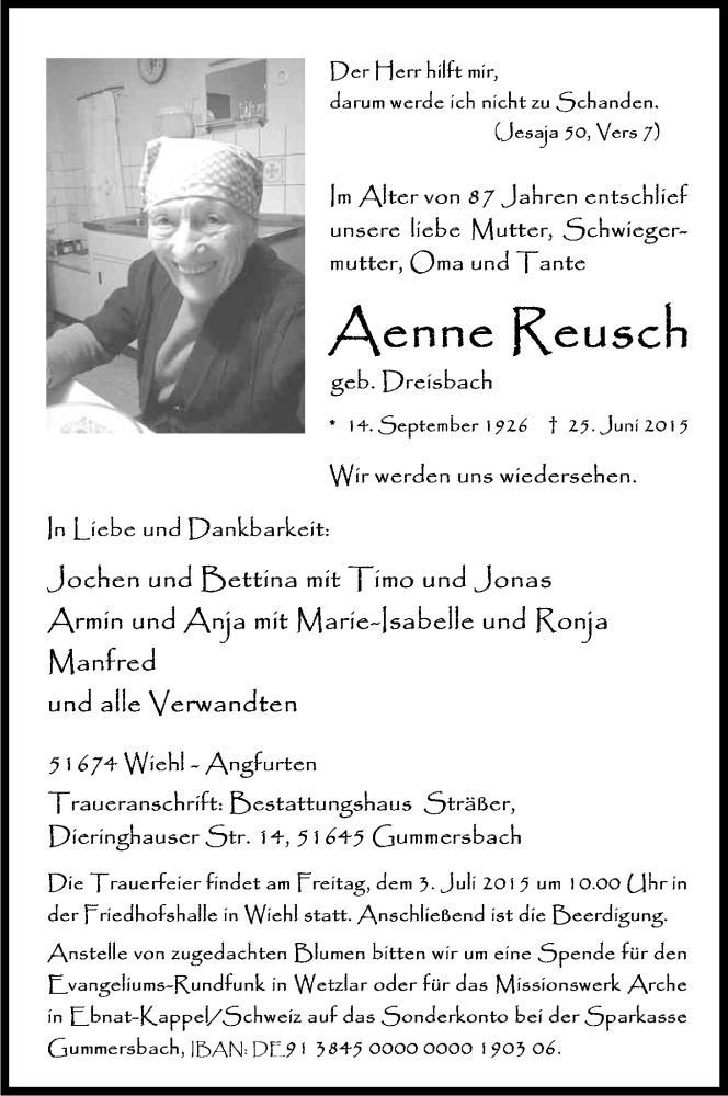  Traueranzeige für Aenne Reusch vom 30.06.2015 aus Kölner Stadt-Anzeiger / Kölnische Rundschau / Express