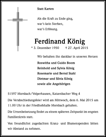 Anzeige von Ferdinand König von Kölner Stadt-Anzeiger / Kölnische Rundschau / Express
