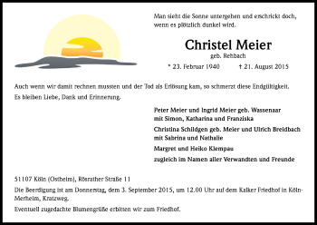 Anzeige von Christel Meier von Kölner Stadt-Anzeiger / Kölnische Rundschau / Express