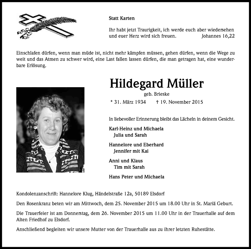  Traueranzeige für Hildegard Müller vom 21.11.2015 aus Kölner Stadt-Anzeiger / Kölnische Rundschau / Express