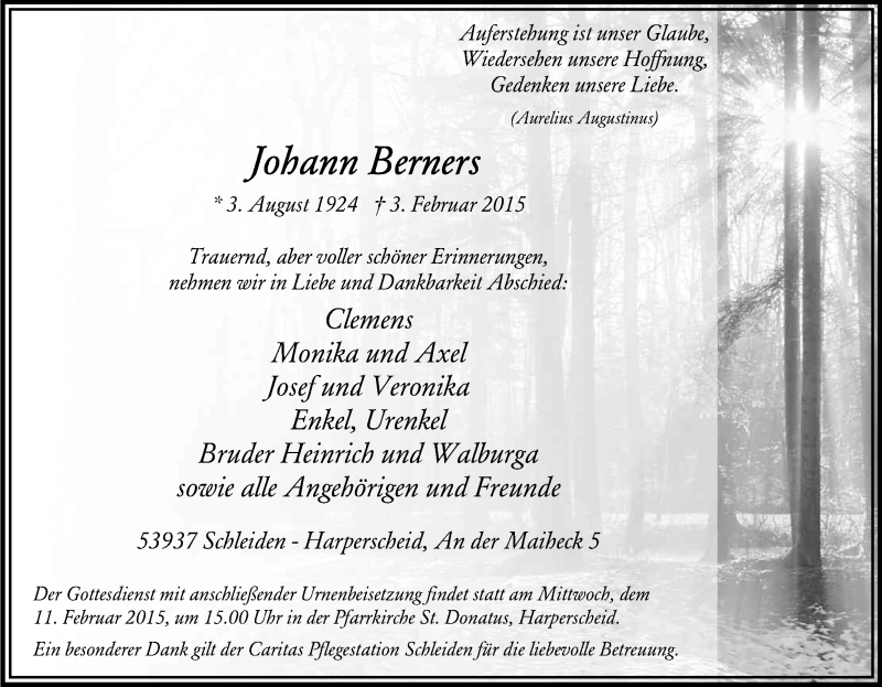  Traueranzeige für Johann Berners vom 07.02.2015 aus Kölner Stadt-Anzeiger / Kölnische Rundschau / Express