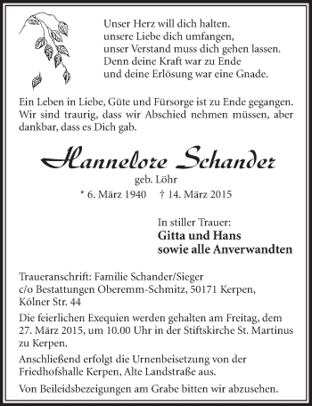 Anzeige von Hannelore Schander von  Sonntags-Post 