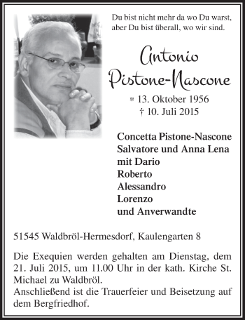 Anzeige von Antonio Pistone-Nascone von  Lokalanzeiger 