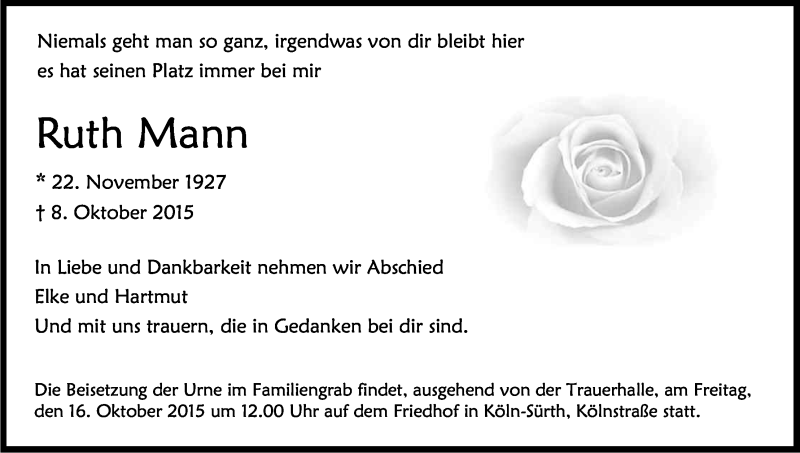  Traueranzeige für Ruth Mann vom 14.10.2015 aus Kölner Stadt-Anzeiger / Kölnische Rundschau / Express