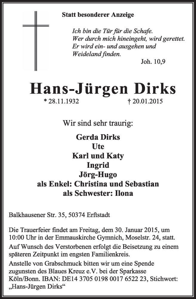  Traueranzeige für Hans-Jürgen Dirks vom 24.01.2015 aus  Sonntags-Post 