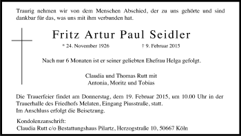 Anzeige von Fritz Artur Paul Seidler von Kölner Stadt-Anzeiger / Kölnische Rundschau / Express