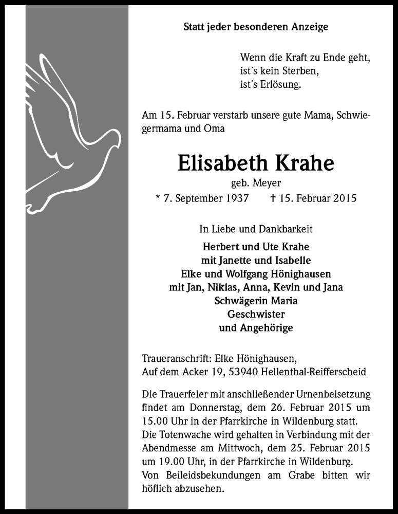  Traueranzeige für Elisabeth Krahe vom 19.02.2015 aus Kölner Stadt-Anzeiger / Kölnische Rundschau / Express