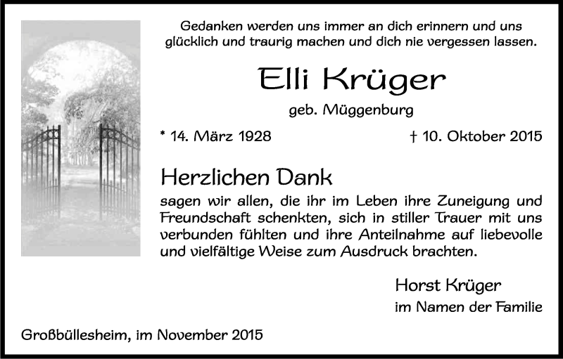  Traueranzeige für Elli Krüger vom 18.11.2015 aus Kölner Stadt-Anzeiger / Kölnische Rundschau / Express