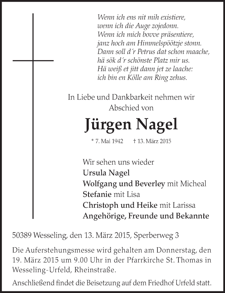  Traueranzeige für Jürgen Nagel vom 18.03.2015 aus  Schlossbote/Werbekurier 