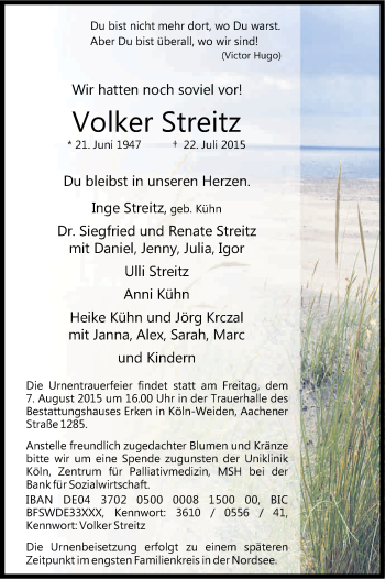 Anzeige von Volker Streitz von Kölner Stadt-Anzeiger / Kölnische Rundschau / Express