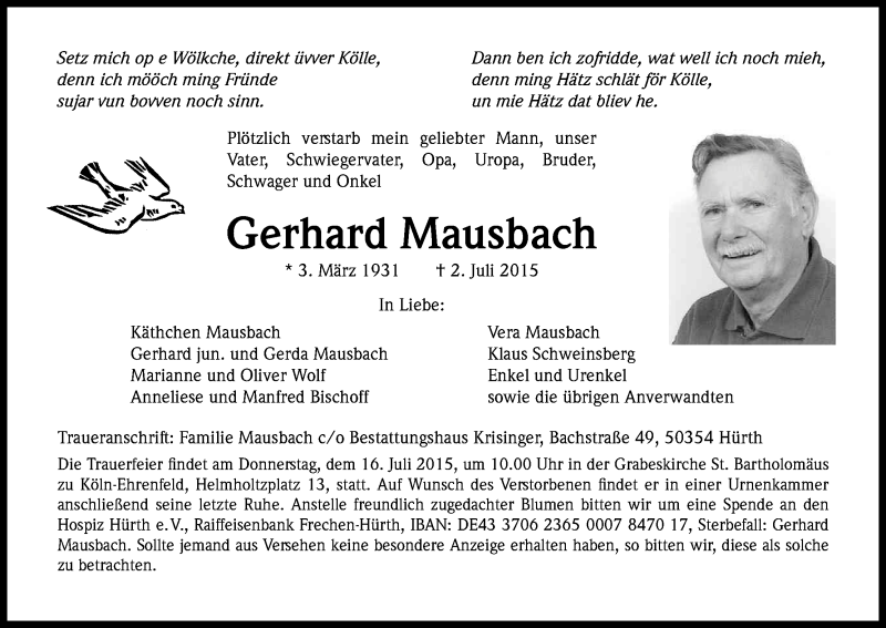  Traueranzeige für Gerhard Mausbach vom 11.07.2015 aus Kölner Stadt-Anzeiger / Kölnische Rundschau / Express