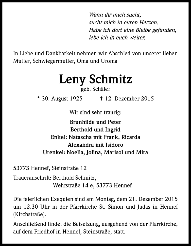  Traueranzeige für Leny Schmitz vom 16.12.2015 aus Kölner Stadt-Anzeiger / Kölnische Rundschau / Express