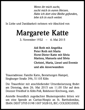 Anzeige von Margarete Katte von Kölner Stadt-Anzeiger / Kölnische Rundschau / Express