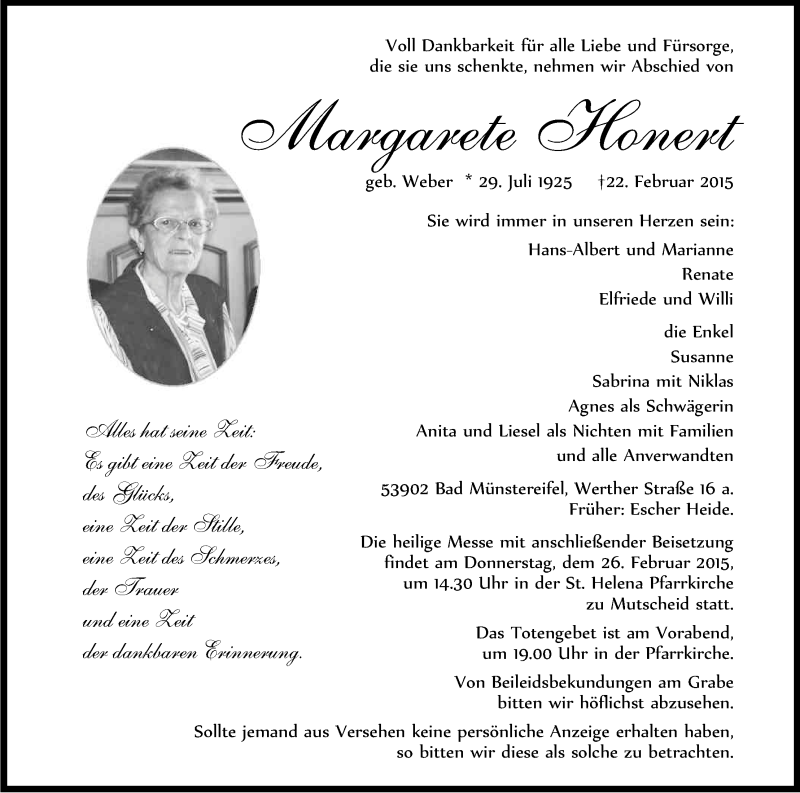  Traueranzeige für Margarete Honert vom 25.02.2015 aus Kölner Stadt-Anzeiger / Kölnische Rundschau / Express