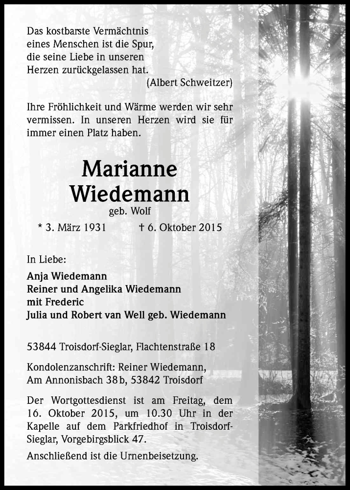  Traueranzeige für Marianne Wiedemann vom 10.10.2015 aus Kölner Stadt-Anzeiger / Kölnische Rundschau / Express