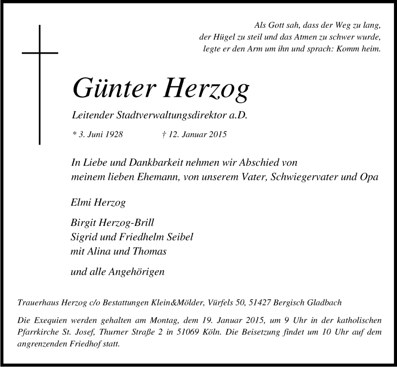  Traueranzeige für Günter Herzog vom 15.01.2015 aus Kölner Stadt-Anzeiger / Kölnische Rundschau / Express