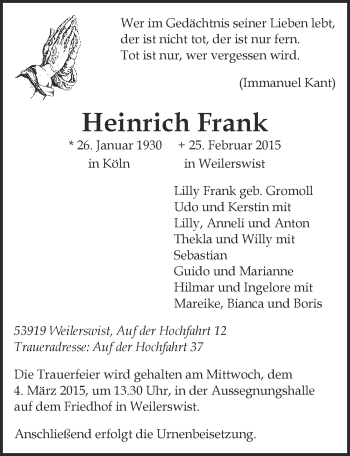 Anzeige von Heinrich Frank von  Blickpunkt Euskirchen 