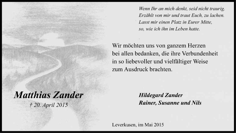  Traueranzeige für Matthias Zander vom 23.05.2015 aus Kölner Stadt-Anzeiger / Kölnische Rundschau / Express