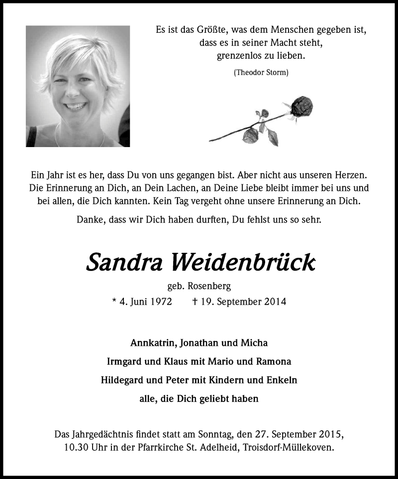  Traueranzeige für Sandra Weidenbrück vom 24.09.2015 aus Kölner Stadt-Anzeiger / Kölnische Rundschau / Express