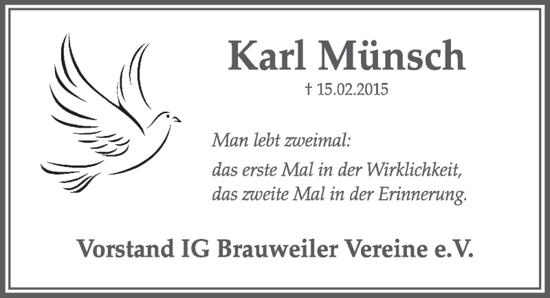  Traueranzeige für Karl Münsch vom 25.02.2015 aus  Wochenende 
