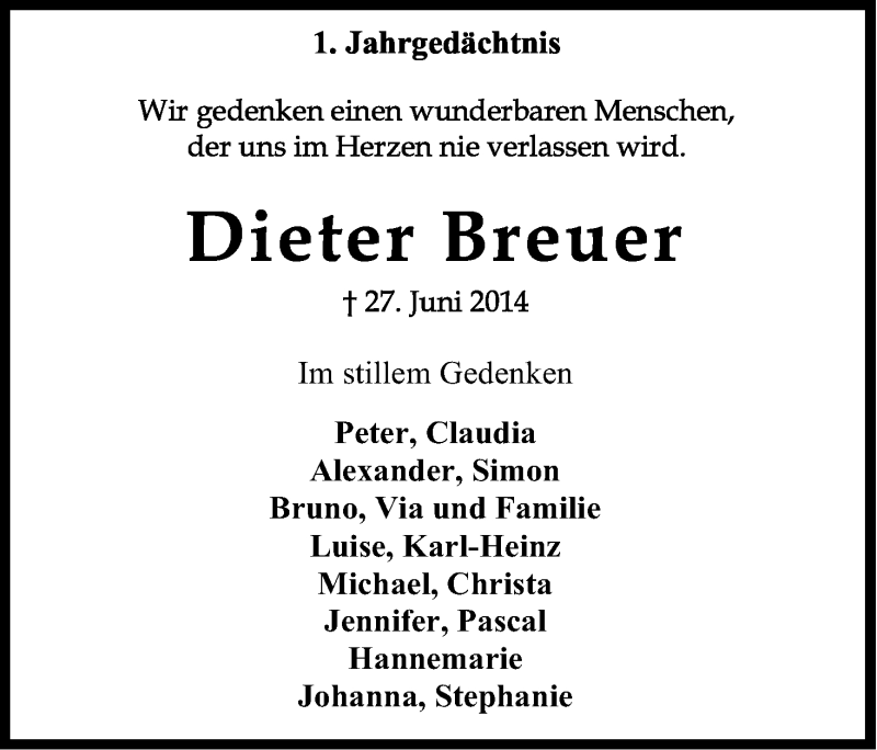  Traueranzeige für Dieter Breuer vom 27.06.2015 aus Kölner Stadt-Anzeiger / Kölnische Rundschau / Express
