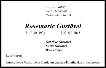 Anzeige von Rosemarie Gustävel von Kölner Stadt-Anzeiger / Kölnische Rundschau / Express