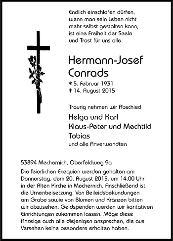 Anzeige von Hermann-Josef Conrads von Kölner Stadt-Anzeiger / Kölnische Rundschau / Express