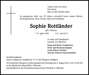 Anzeige von Sophie Rottländer von Kölner Stadt-Anzeiger / Kölnische Rundschau / Express