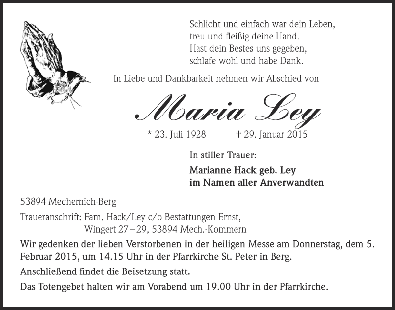  Traueranzeige für Maria Ley vom 01.02.2015 aus  Blickpunkt Euskirchen 