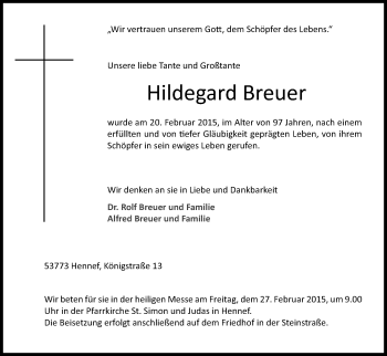 Anzeige von Hildegard Breuer von Kölner Stadt-Anzeiger / Kölnische Rundschau / Express