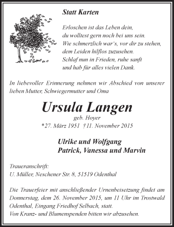 Anzeige von Ursula Langen von  Bergisches Sonntagsblatt 