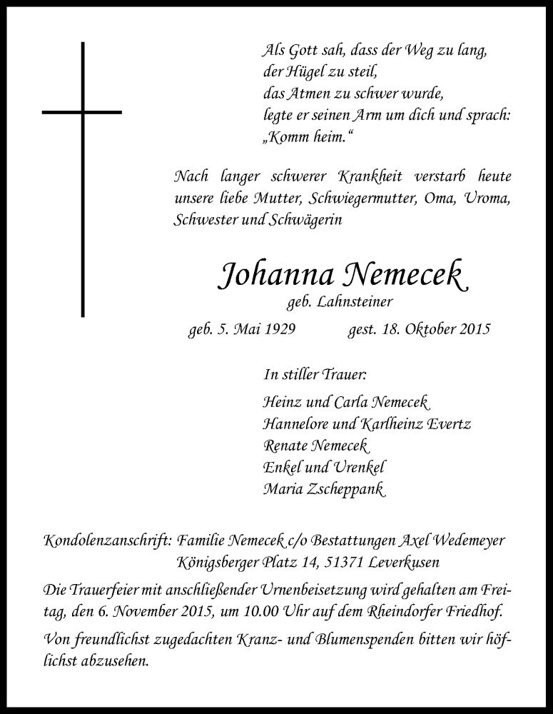  Traueranzeige für Johanna Nemecek vom 31.10.2015 aus Kölner Stadt-Anzeiger / Kölnische Rundschau / Express