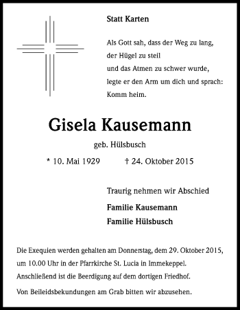Anzeige von Gisela Kausemann von Kölner Stadt-Anzeiger / Kölnische Rundschau / Express