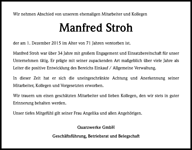  Traueranzeige für Manfred Stroh vom 12.12.2015 aus Kölner Stadt-Anzeiger / Kölnische Rundschau / Express