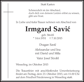 Anzeige von Irmgard Savic von  Schlossbote/Werbekurier 