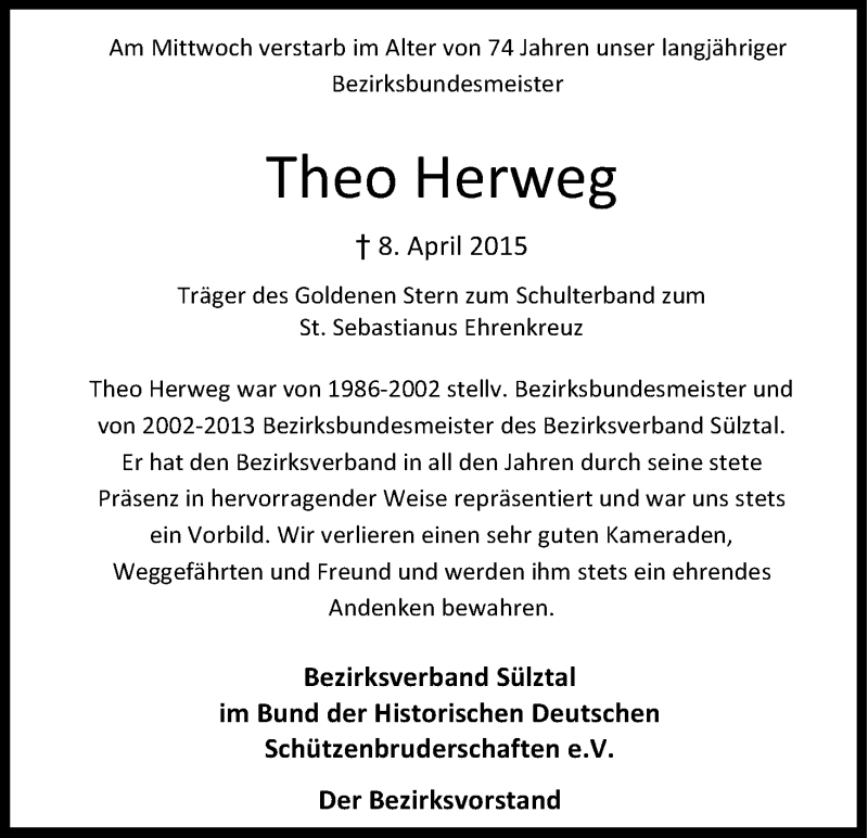  Traueranzeige für Theo Herweg vom 15.04.2015 aus Kölner Stadt-Anzeiger / Kölnische Rundschau / Express
