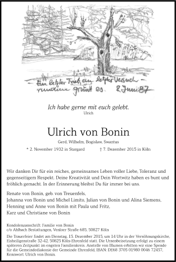 Anzeige von Ulrich von Bonin von Kölner Stadt-Anzeiger / Kölnische Rundschau / Express