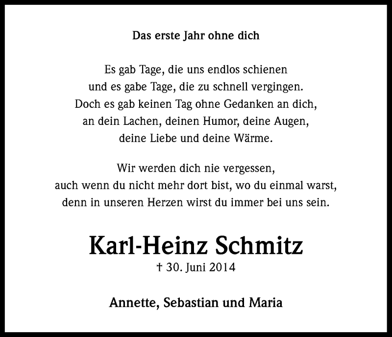  Traueranzeige für Karl-Heinz Schmitz vom 30.06.2015 aus Kölner Stadt-Anzeiger / Kölnische Rundschau / Express