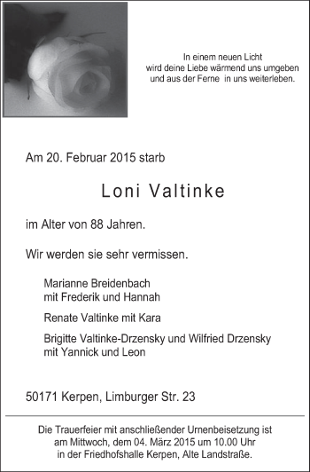 Anzeige von Loni Valtinke von  Wochenende  Werbepost 