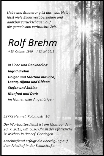 Anzeige von Rolf Brehm von Kölner Stadt-Anzeiger / Kölnische Rundschau / Express