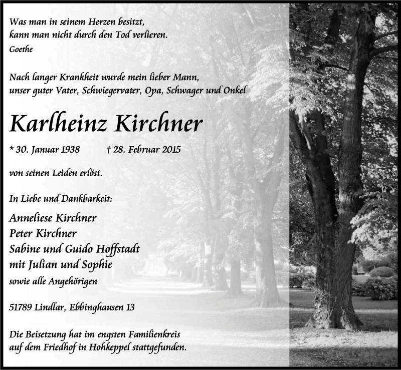  Traueranzeige für Karlheinz Kirchner vom 14.03.2015 aus Kölner Stadt-Anzeiger / Kölnische Rundschau / Express