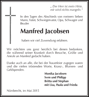 Anzeige von Manfred Jacobsen von  Lokalanzeiger 