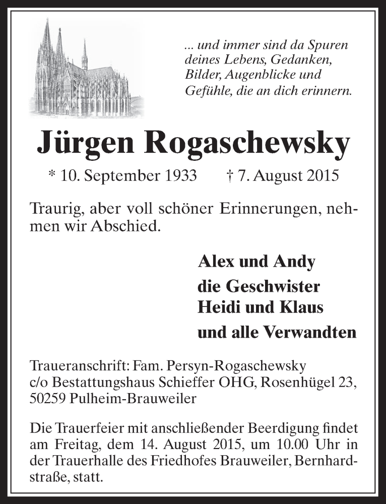  Traueranzeige für Jürgen Rogaschewsky vom 12.08.2015 aus  Wochenende 