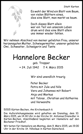 Anzeige von Hannelore Becker von Kölner Stadt-Anzeiger / Kölnische Rundschau / Express