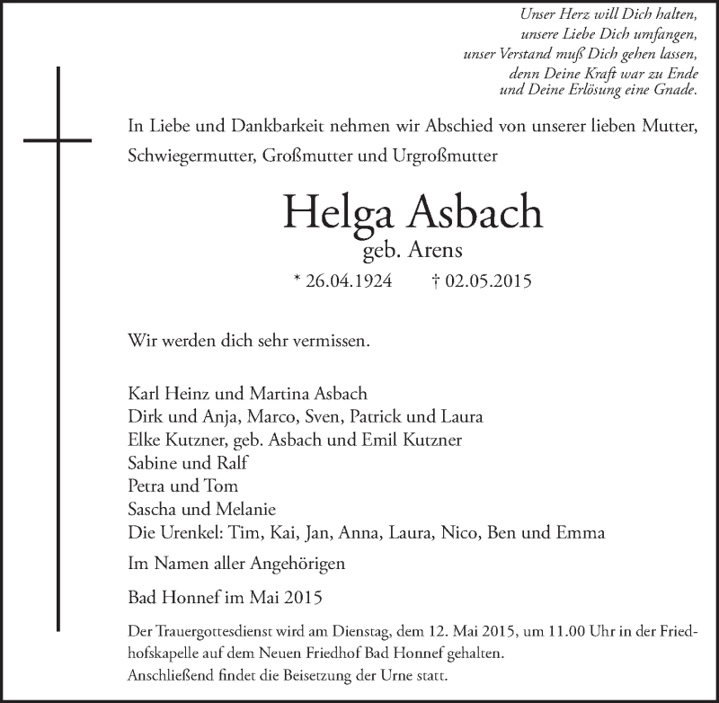  Traueranzeige für Helga Asbach vom 09.05.2015 aus  Rhein-Sieg-Wochenende 