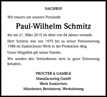 Anzeige von Paul-Wilhelm Schmitz von Kölner Stadt-Anzeiger / Kölnische Rundschau / Express