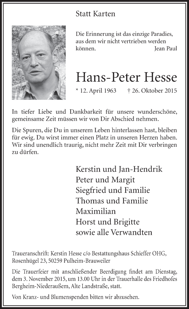  Traueranzeige für Hans-Peter Hesse vom 31.10.2015 aus  Sonntags-Post  Mühlheimer  Wochenende 