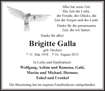 Anzeige von Brigitte Galla von  Anzeigen Echo  Lokalanzeiger 