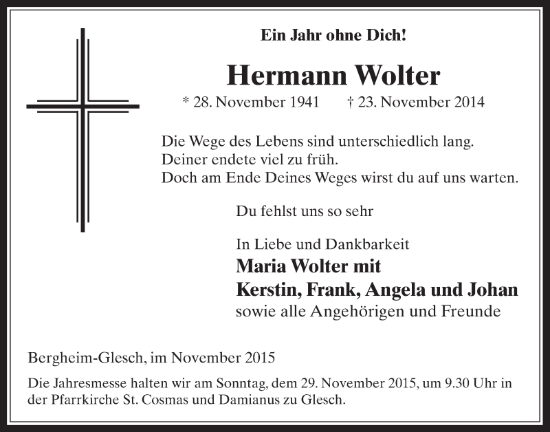  Traueranzeige für Hermann Wolter vom 25.11.2015 aus  Werbepost 