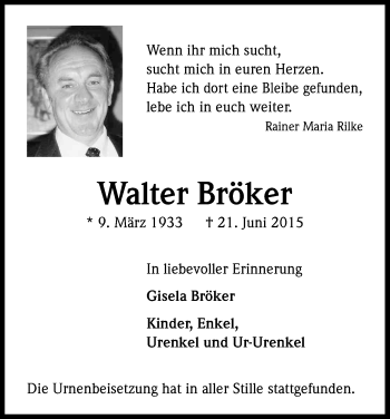 Anzeige von Walter Bröker von Kölner Stadt-Anzeiger / Kölnische Rundschau / Express